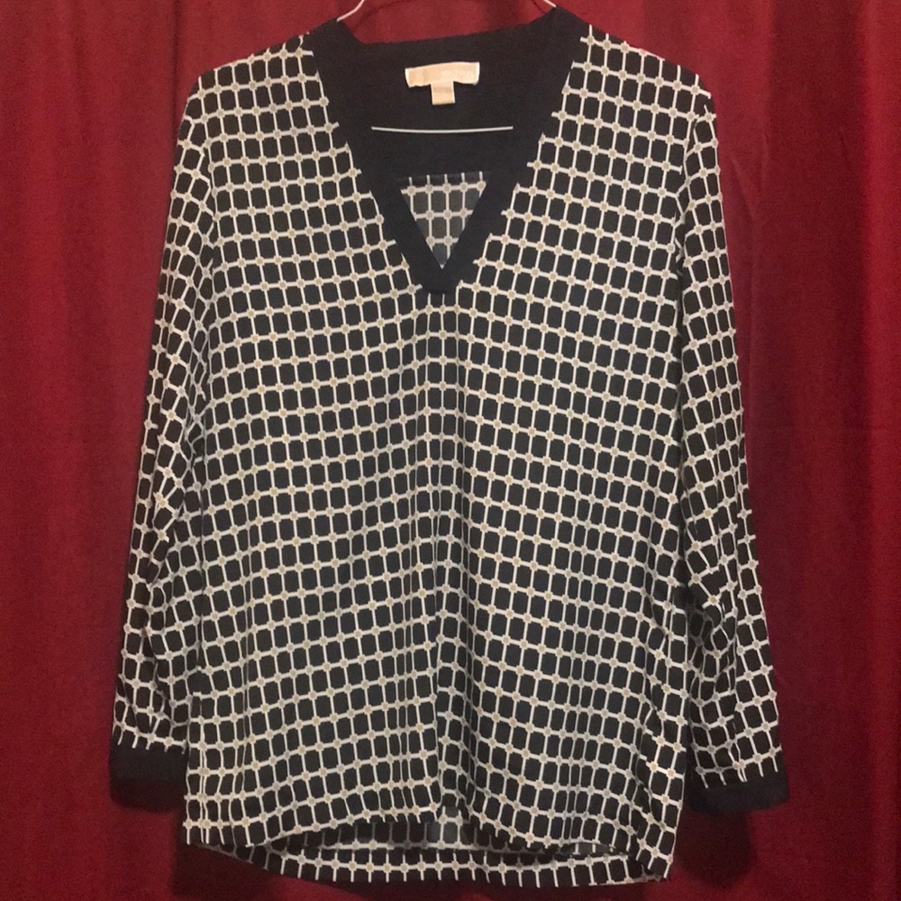 Women’s Michael Kors long sleeve blouse. The colors are navy, white and gold.